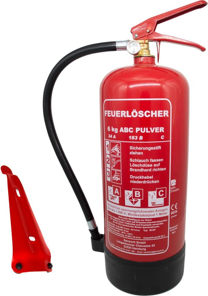6kg ABC Pulverlöscher, Pulverfeuerlöscher, Feuerlöscher inkl. Wandhalterung und Prüfschild