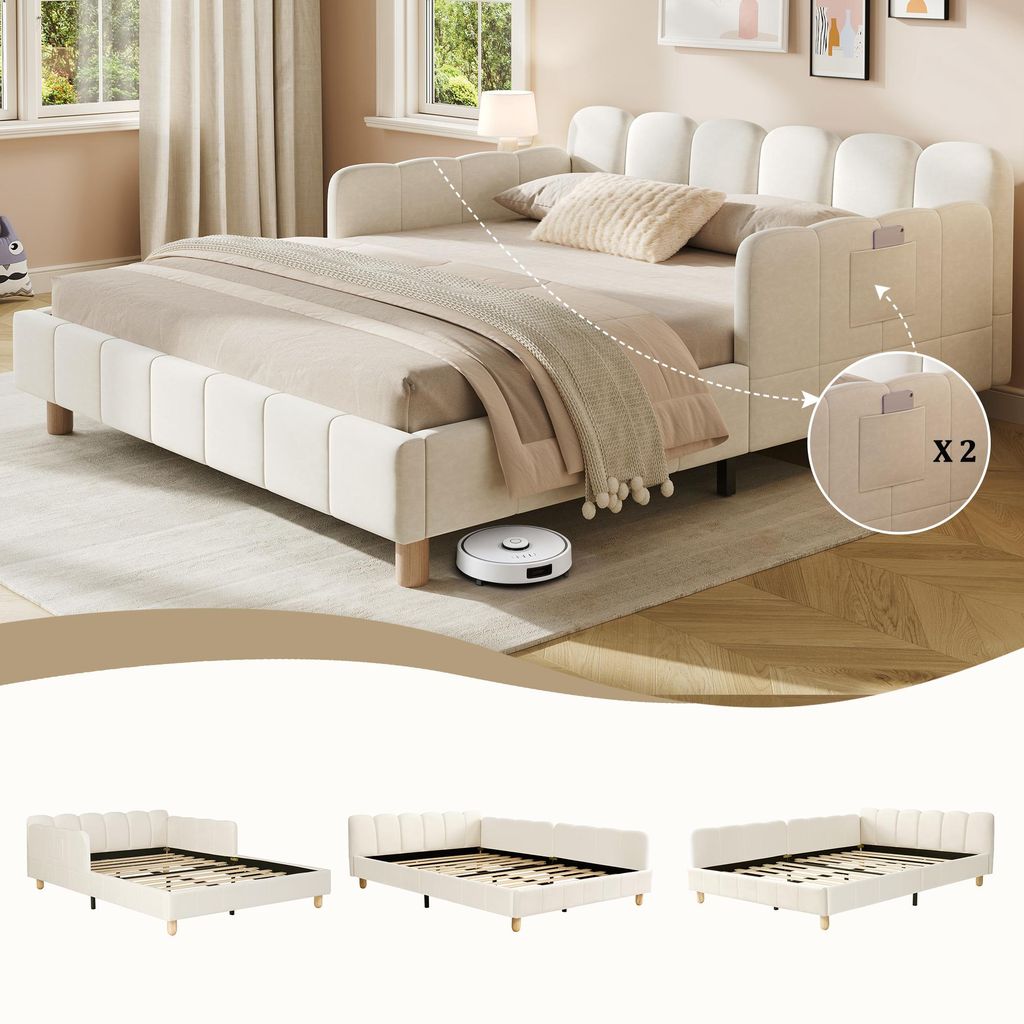 Merax Tagesbett Polsterbett 140x190 cm, Kinderbett mit Rausfallschutz, gepolstertes Kopfteil, Bettgestell mit Lattenrost, Massivholz Beine, Samt Beige