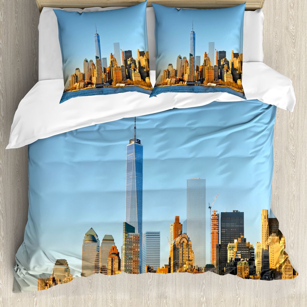 ABAKUHAUS Landschaft Bettbezug, New York City Skyline, Milbensicher Allergiker geeignet mit Kissenbezügen, 200 cm x 200 cm - 80 x 80 cm, Pale Blau...