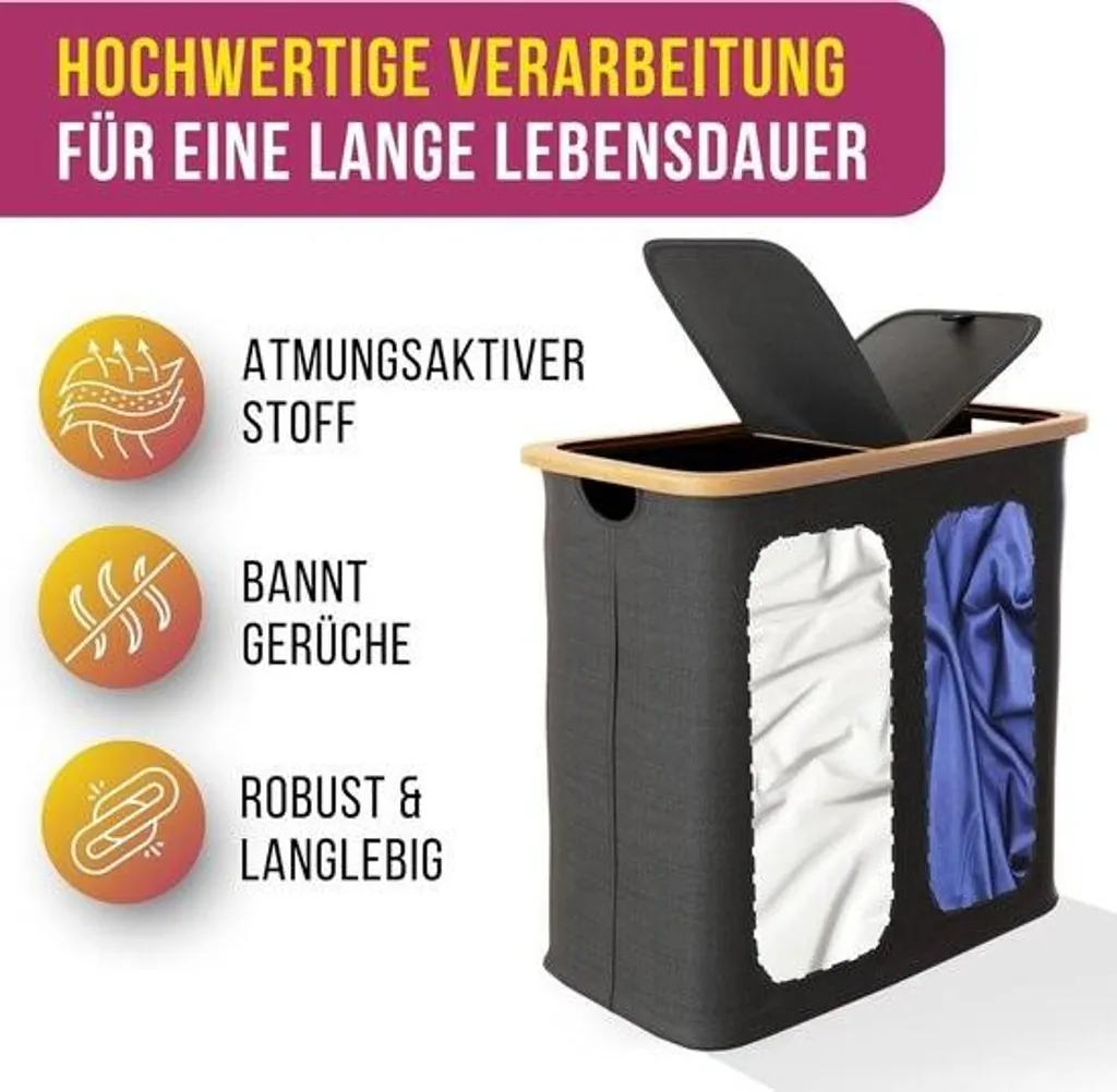 Panier à linge XXL 150L en bambou gris anthracite avec 2 compartiments