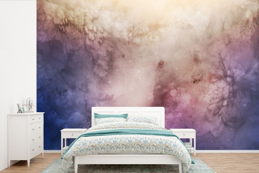 MuchoWow Fototapete für Wohnzimmer oder Schlafzimmer Wandtapete Vinyl Motivtapete Aquarell - Braun - Lila - Alte Rose - 390x260 cm - Papiertapete