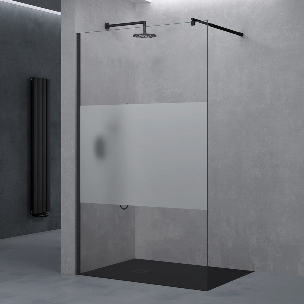 doporro Luxus Duschwand Duschabtrennung 120x200 Schwarz Walk-In Dusche mit rundem Stabilisator aus Echtglas 8mm ESG-Sicherheitsglas Bremen01MS
