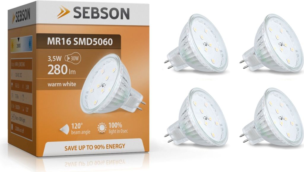 4x LED Lampe GU5.3 MR16 warmweiß 4W Leuchtmittel Strahler Spot 12V 300lm SEBSON