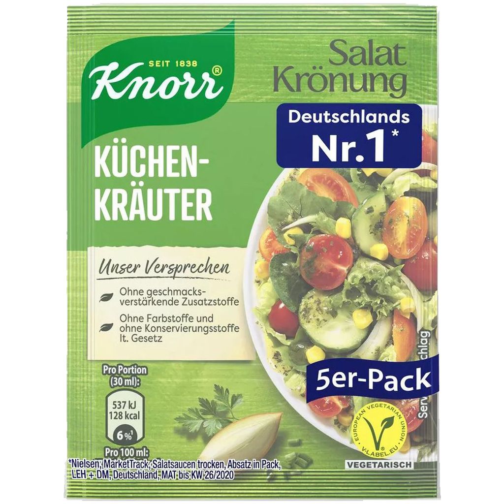 A Knorr salad dressing packet with a salad image.