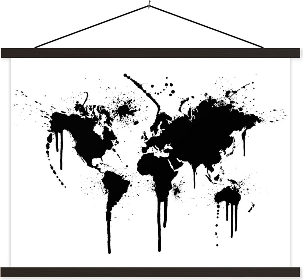 MuchoWow Textilposter Weltkarte - Tinte - Schwarz 40x30 cm mit schwarzem Rahmen - Dekorationen
