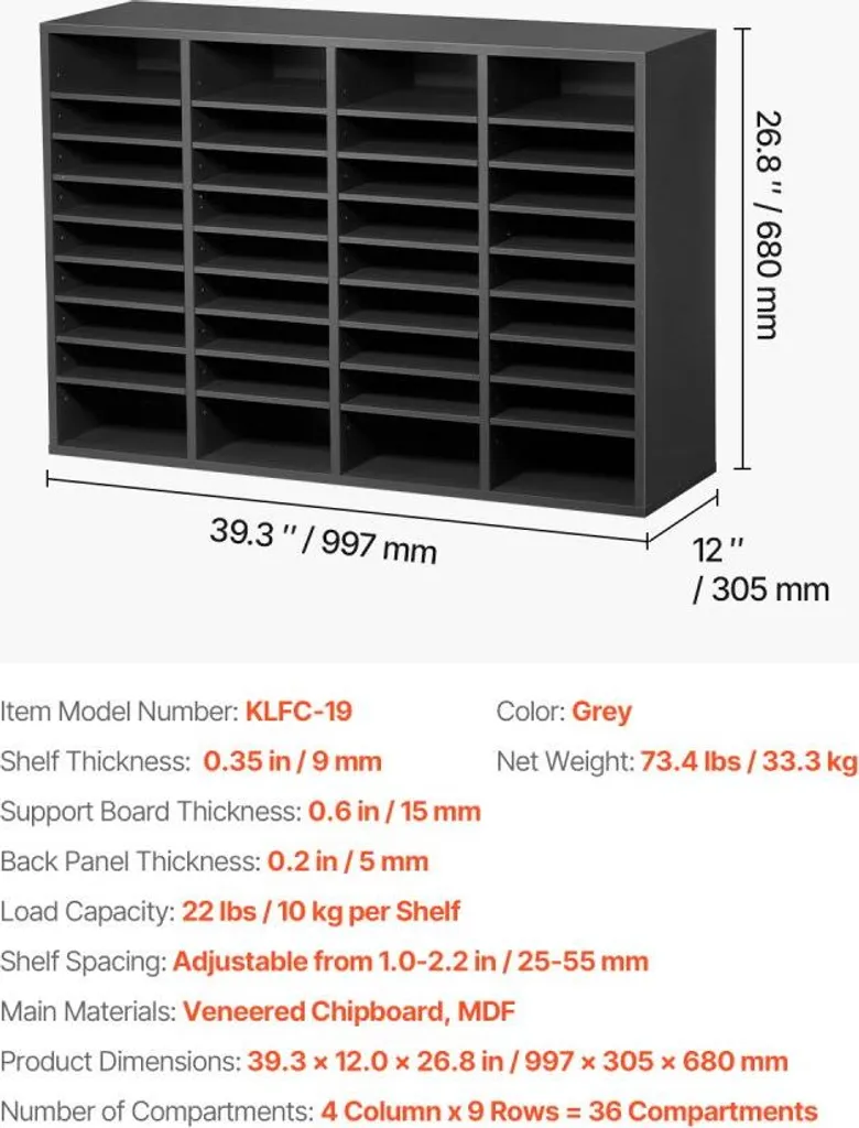 Organiseur littéraire porte-lettres 36 cases en bois gris modulable