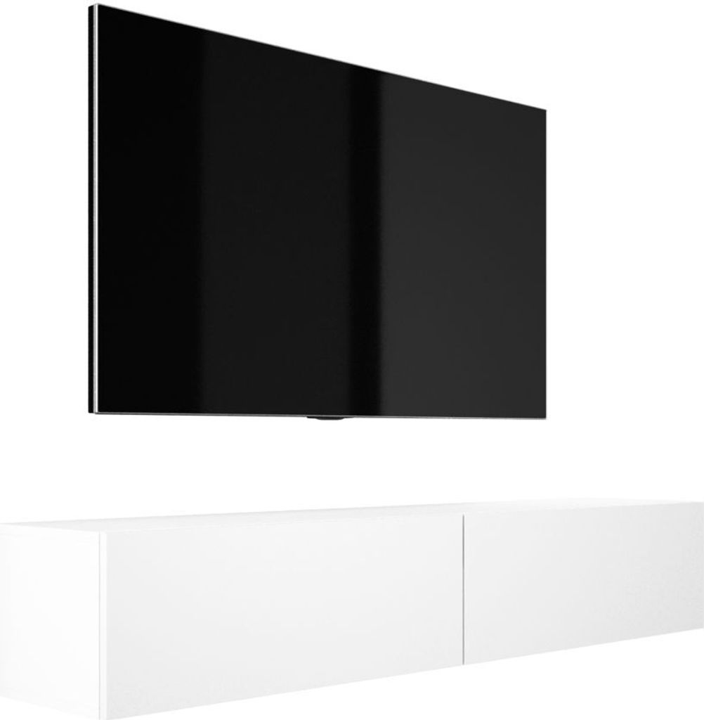 A white matte TV cabinet mounted on a wall with a black flat-screen TV mounted above it.