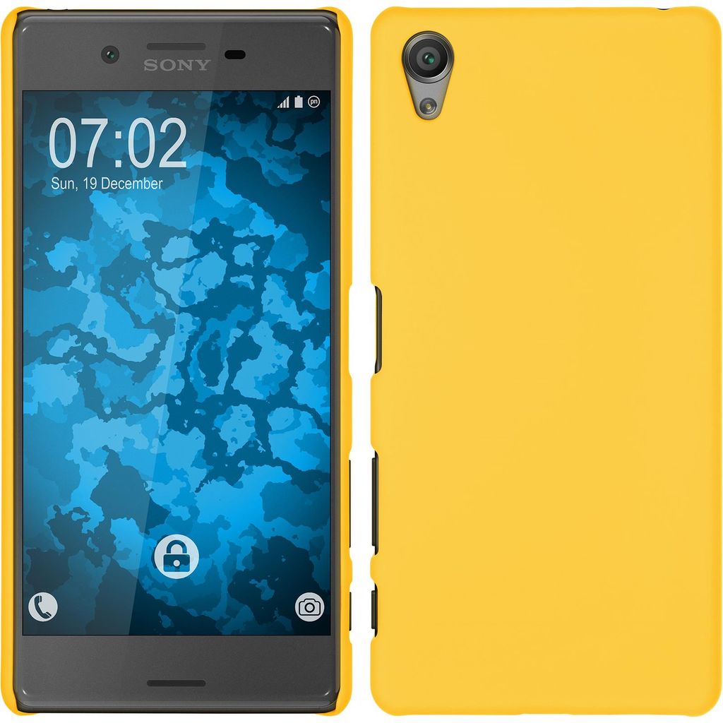 PhoneNatic Case kompatibel mit Sony Xperia X - Hülle gelb gummiert Hard-case + 2 Schutzfolien