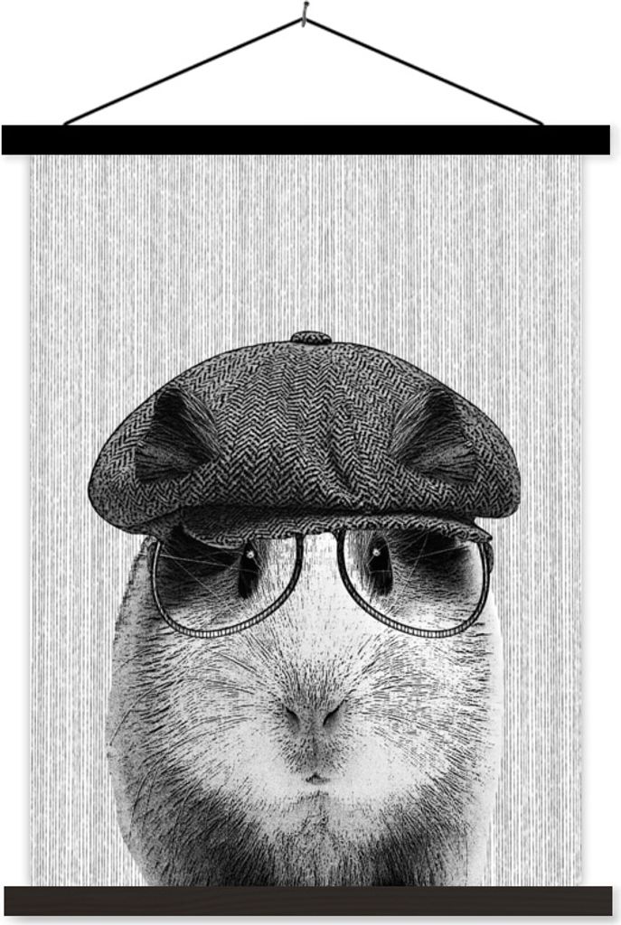 MuchoWow Textilposter Meerschweinchen - Baskenmütze - Brille - Hipster 60x80 cm mit schwarzem Rahmen - Plakathalter
