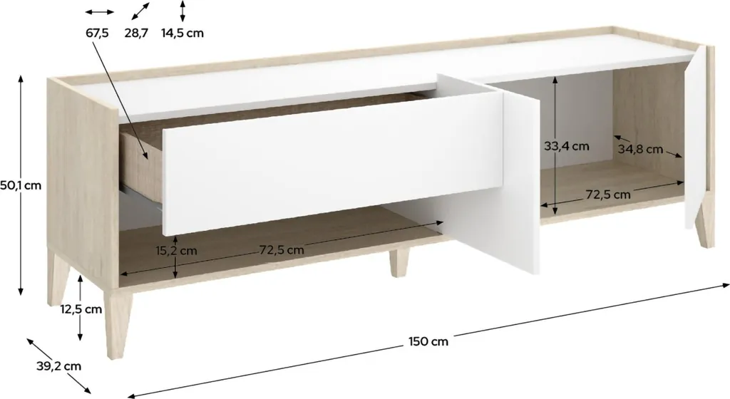 Banc TV blanc modulable et extensible avec rangements ouverts