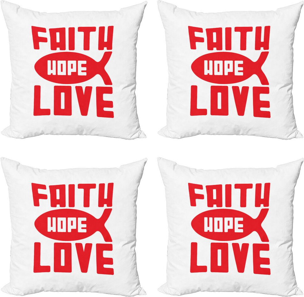 ABAKUHAUS Hoffen Kissenbezug Set (4 Stück), Monochrome Fisch und Worte, Moderner Doppelseitiger Digitaldruck, 40 cm x 40 cm, Vermilion und Weiß