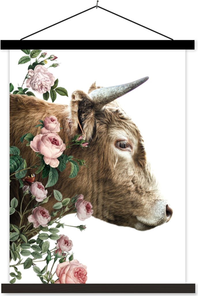 MuchoWow Textilposter Schottisches Hochlandrind - Kuh - Blumen 90x120 cm mit schwarzem Rahmen - Dekoration