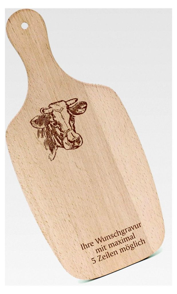 Schneidebrett Frühstücksbrettchen mit Gravur - Kuhkopf - mit Griff 330x150 Holzbrett Küche