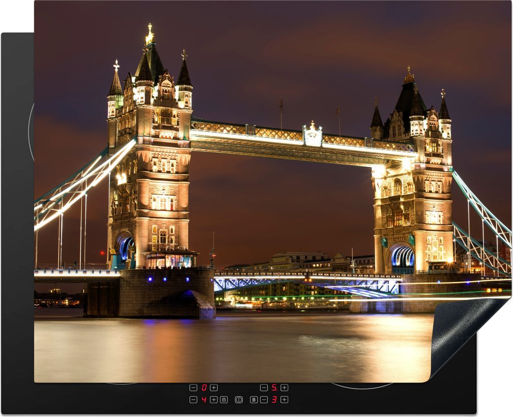 KitchenYeah Herdabdeckplatte London - Nacht - Brücke , 65x52cm, Küche Deko, Glaskeramikkochfeld Herdabdeckung, Abdeckplatte fùr Kochfeld