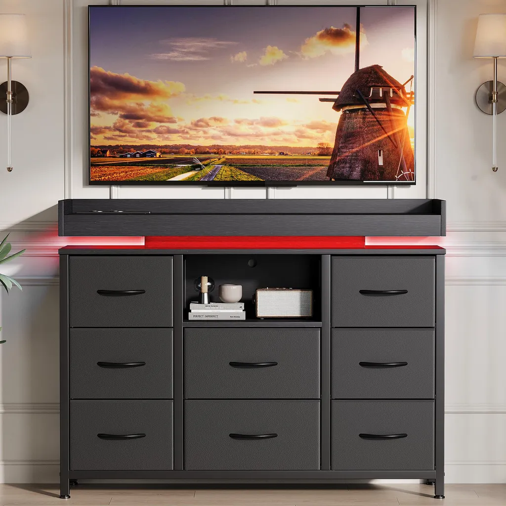 Commode UnboxG noire à 8 tiroirs avec LED et station de charge USB