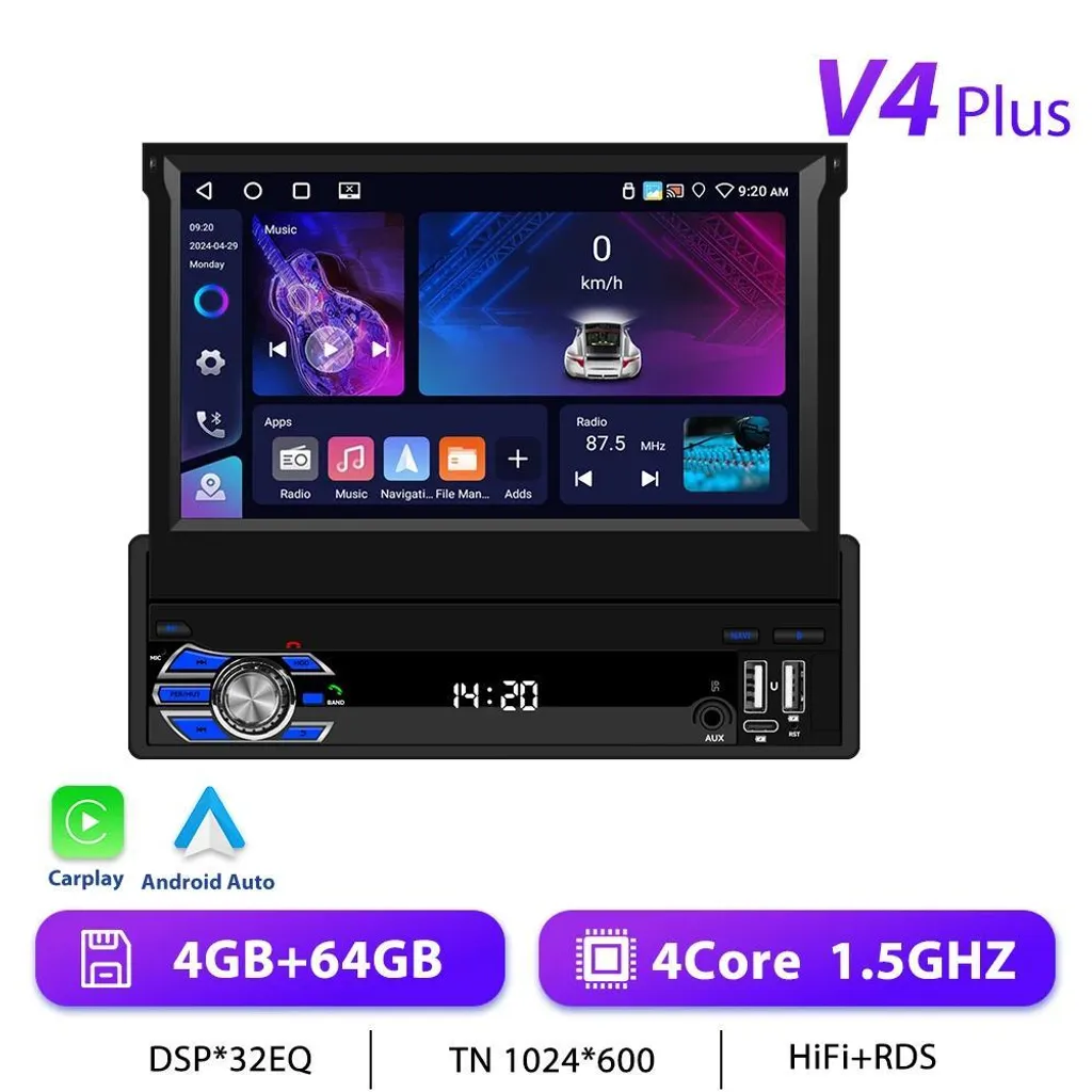 Autoradio 1 DIN CarPlay et Android Auto - Écran 7 Pouces - 4Go+64Go GPS