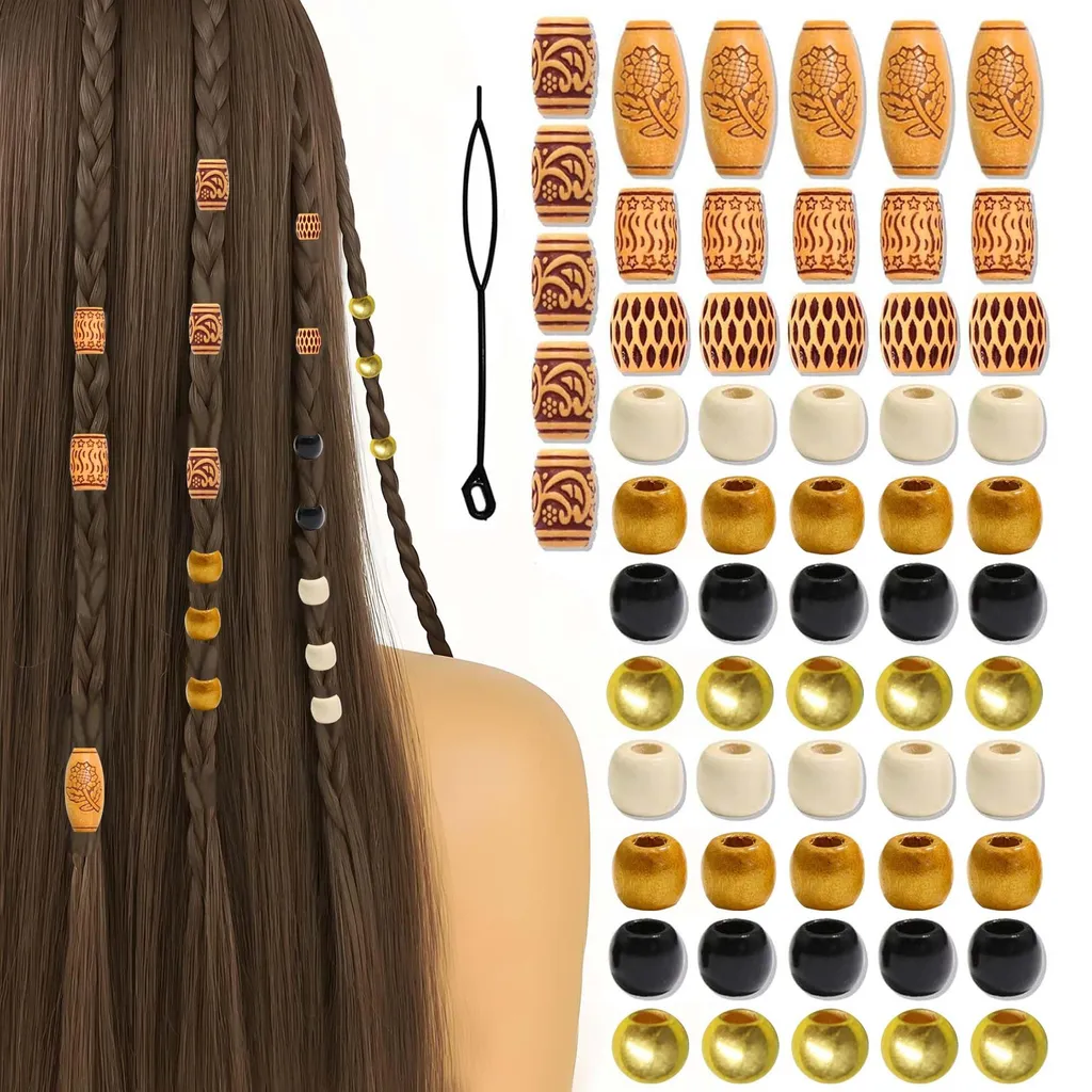 60 Perles pour Dreadlocks Multicolores en Imitation Bois pour Coiffure DIY