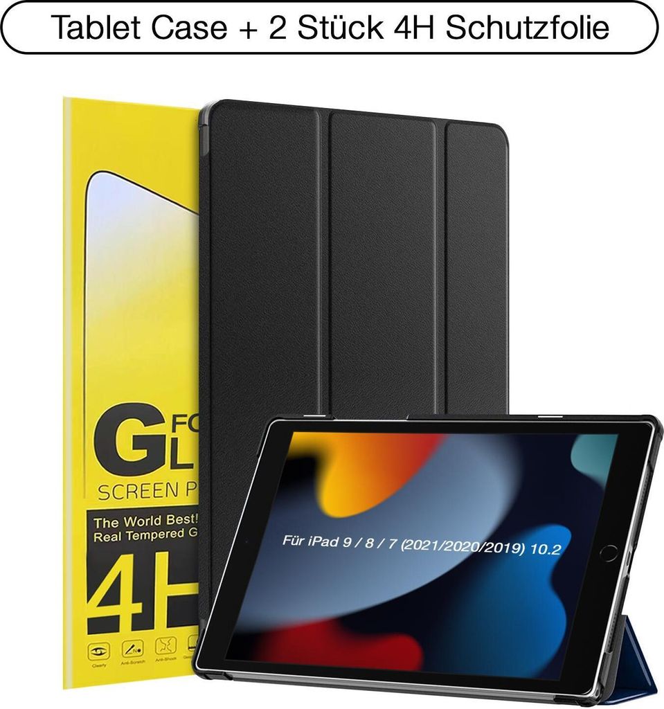 Schutzhülle + 2x 4H Displayfolie für iPad 7/8/9 Generation 10.2 Zoll Cover Case Schutz Tablet Farbe: Schwarz