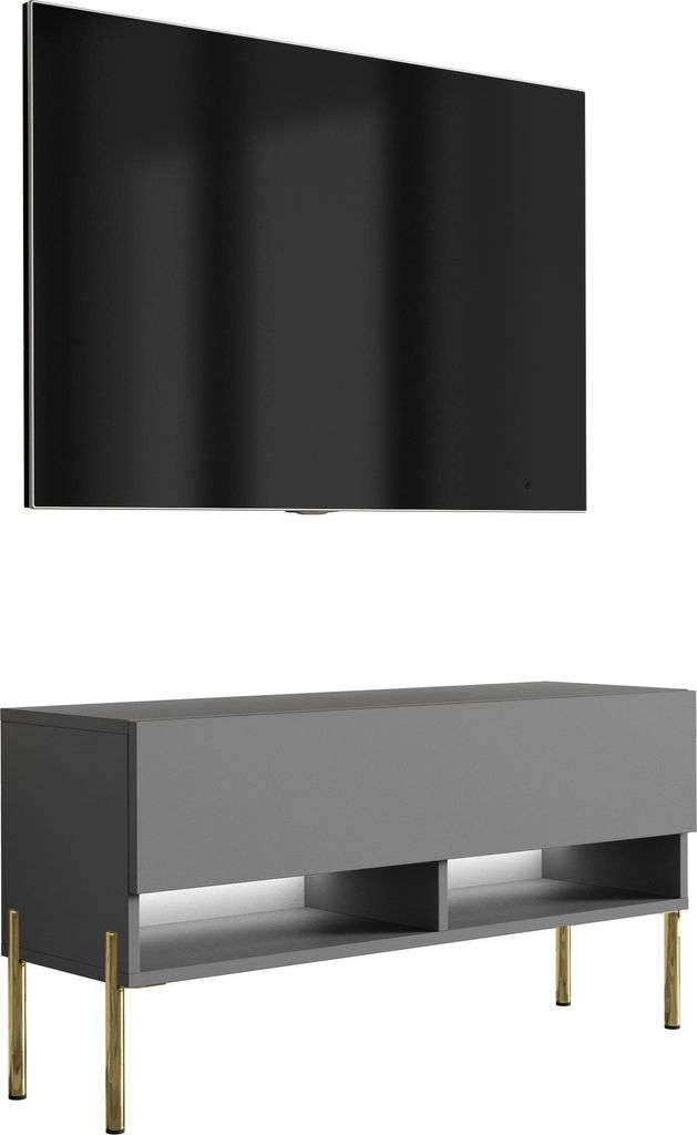TV-Lowboard 100 cm Anthrazit, gerade goldene Beine, weiße LED, 100 × 32 × 52 cm