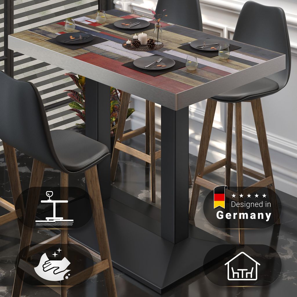 BPA | Bistro Stehtisch | 130 x 80 x 114 cm | Edelstahl Rand | Rechteckig | Vintage Bunt / Schwarz | Gastro Steh Tisch Restaurant