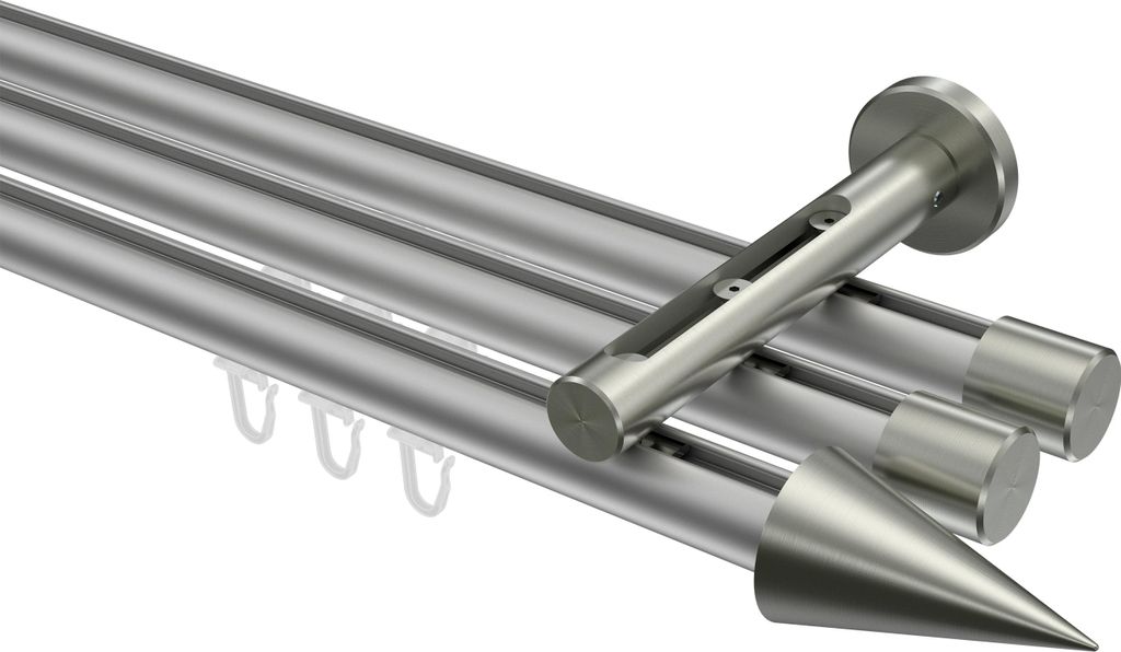 Interdeco Innenlaufstange / Gardinenstange mit Innenlauf Silbergrau / Edelstahl-Optik, Typ Siteno Savio (Kegel), 20 mm Ø 3-läufig, 280 cm