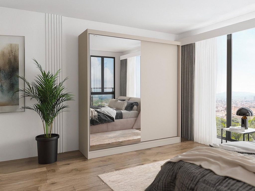 Kleiderschrank mit 2 Schiebetüren - mit Spiegel - 200 cm - beige - OCHIRA