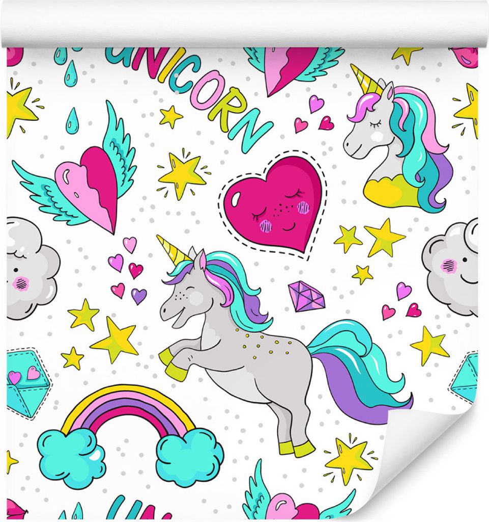 10m VLIES TAPETE Rolle Kinderzimmer Einhürner Herzen Sterne Wolken XXL