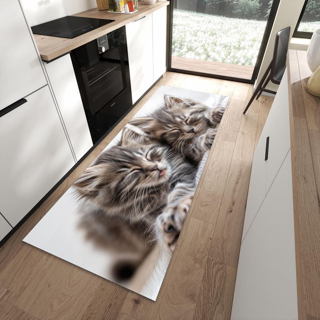 Küchenteppich 90x240cm rutschfest & abwischbar PVC Läufer - Schlafende Kätzchen