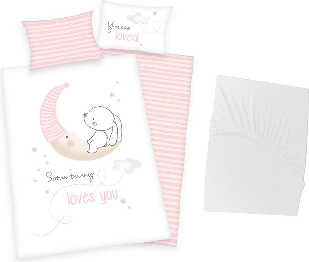 3 tlg Baby Bettwäsche Set - kleines Häschen - Renforcé - 40x60 100x135 cm + 1 Spannbettlaken weiß 60x120 - 70x140 cm