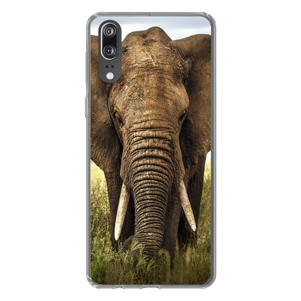 MuchoWow Handyhülle Schutzhülle Hülle für Huawei P20 Elefant - Gras - Tiere - Natur Silikon Softcase Handy Hülle - Hardcover