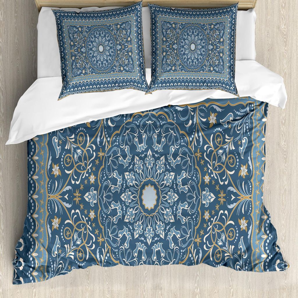 ABAKUHAUS Antique Oriental Bettbezug Set, Komplizierte Eastern Floral Persischen Teppichs Motiv, 200 x 200 cm + 80 x 80 cm, Grau Teal Blau grau