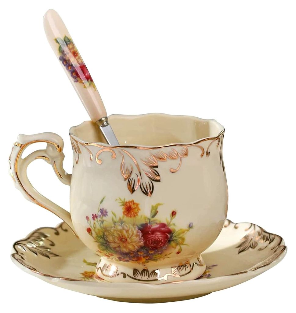 Tassen- und Untertassensets mit Löffel, Vintage Retro Lotus Muster, 3-teiliges Set aus Bone China, Keramik Tee- und Kaffeetassen, Porzellan Floral