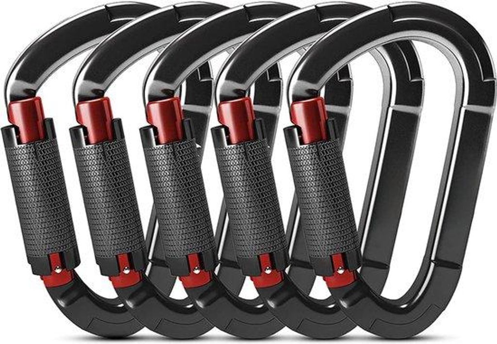 Karabinerhaken 25KN - 5 Stücke - Automatisch Verschließbar - Aluminium - Kletterausrüstung für Hängematte, Schaukel & Hundeleine - Schwarz