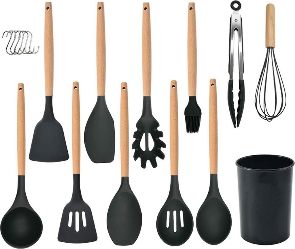 Küchenhelfer-Set, 12-teilig, Silikon, hitzebeständig, antihaftbeschichtet, Holzgriff, Schwarz, ideal für jede Küche.