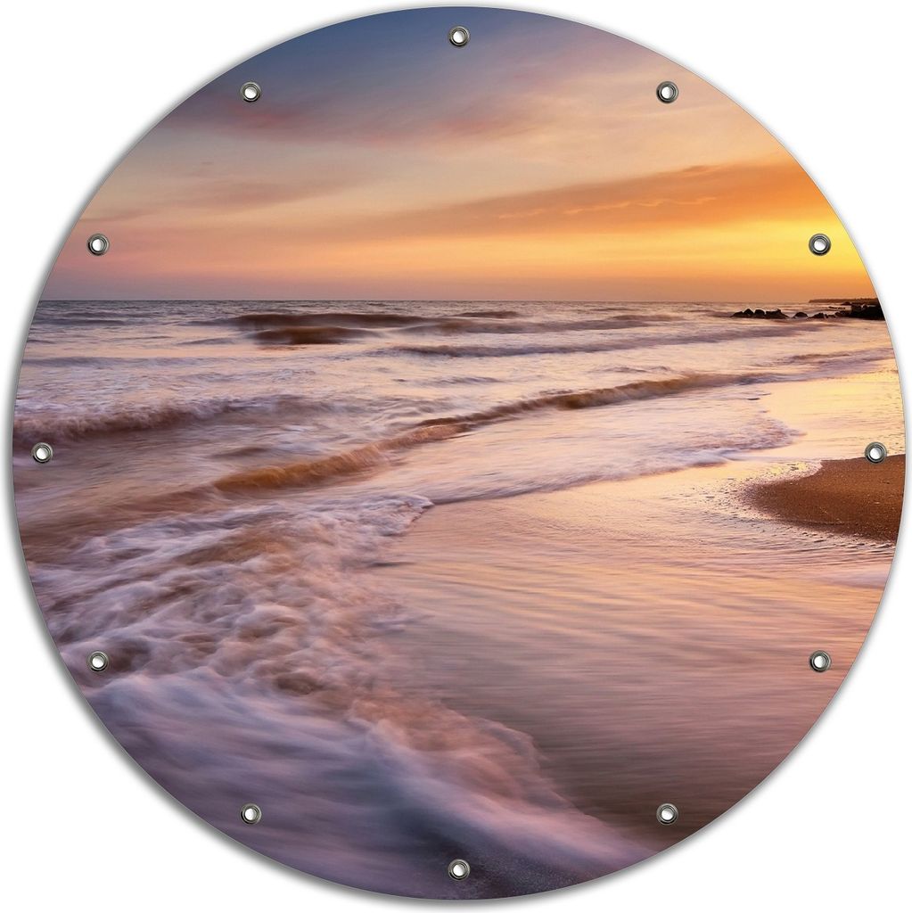 Wallario rundes Outdoor-Poster für Garten oder Balkon, Motiv Sonnenuntergang am Strand - Abendspaziergang, 90 cm Durchmesser