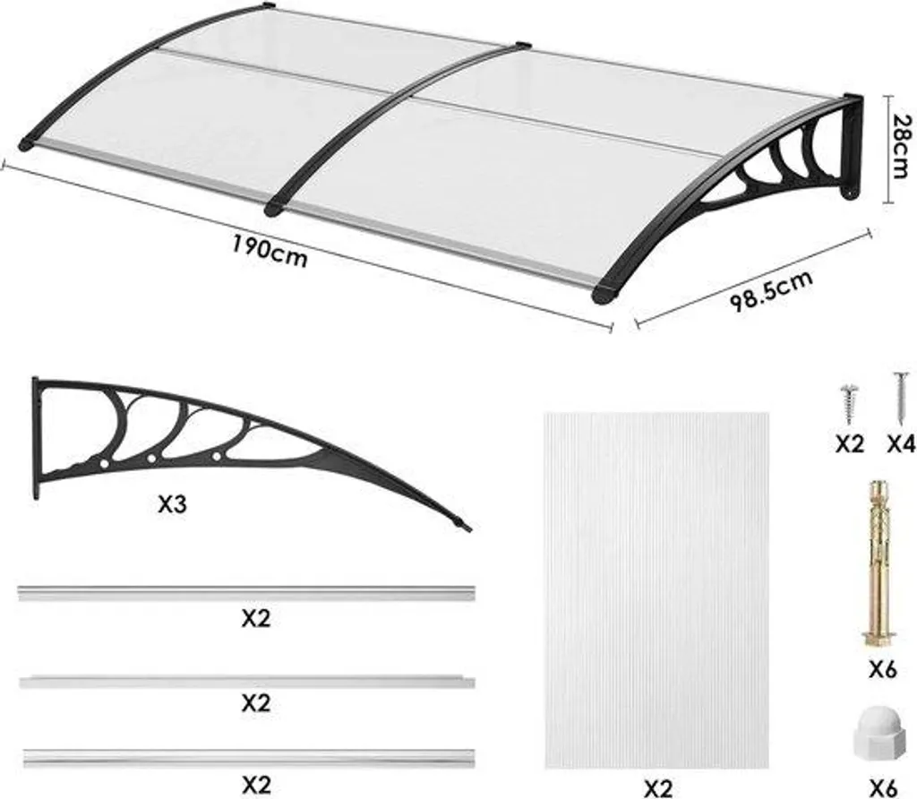 Auvent extérieur pour porte et balcon - Toiture polycarbonate 190 x 98 cm