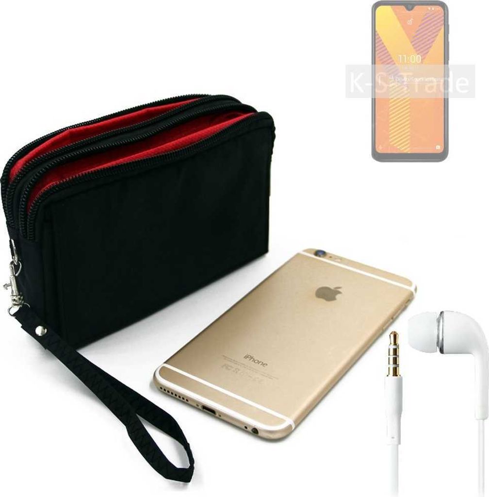 TOP SET kompatibel mit Wiko Y62 Handy Hülle Gürteltasche schwarz + Kopfhörer Travel Bag Travel-Case mit Diebstahlschutz praktische Schutz Hülle