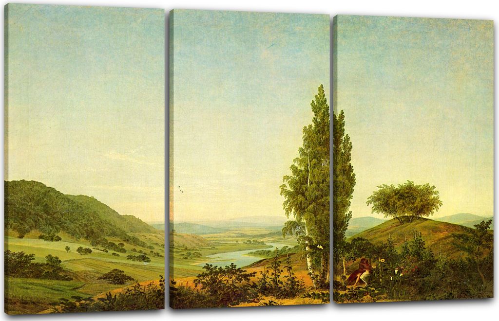 Leinwandbild 3-teilig (120x80cm): Caspar David Friedrich - Der Sommer, Landschaft mit Liebespaar, echter Holz-Keilrahmen inkl. Aufhänger, handgefe...