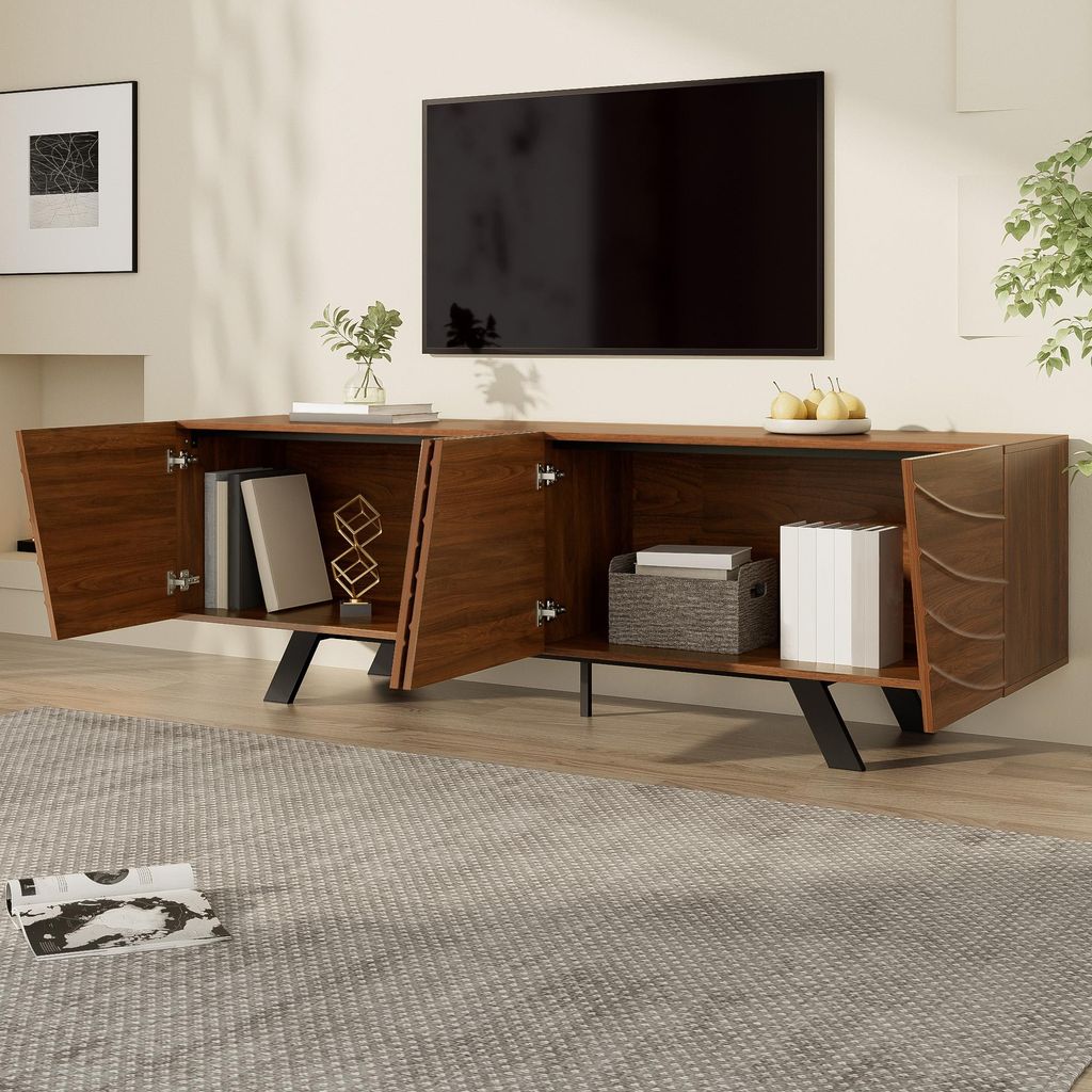 okwish Moderner TV-Schrank TV-Möbel Lowboard mit Wellenfront und schwarzen Eisenbeinen,Fernsehbank mit Ablage,Nussbaum