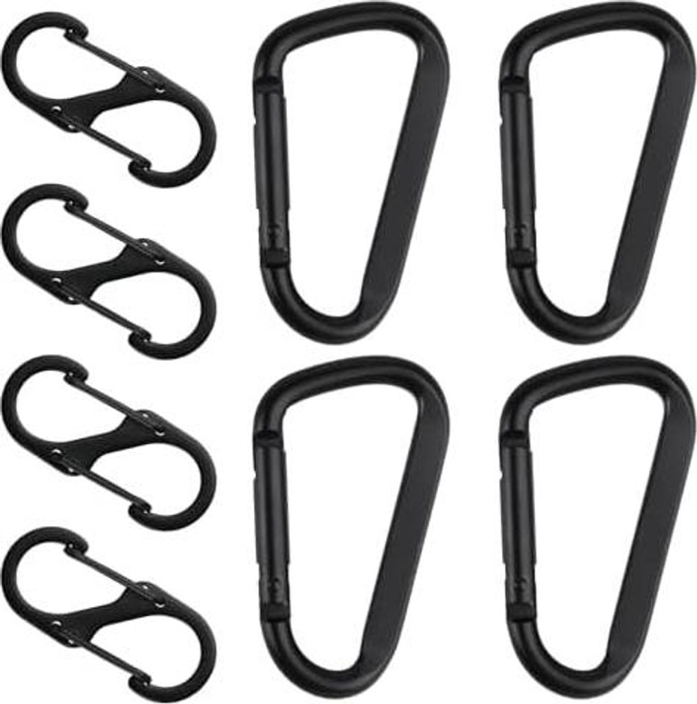 8 teiliges STK Karabinerhaken Set, Inkl 4 STK D Clips Karabinerhaken 4 STK S Karabiner Haken Aluminium, Metall Doppelkarabiner, Carabiner Schwarz f...