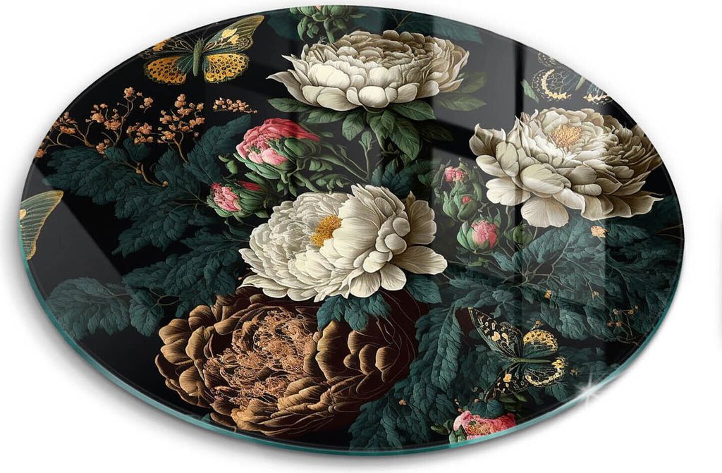 Glasschneideplatte - Herdabdeckplatte - fi30 cm -Schneidebrett - Spritzschutz - Vintage -Pfingstrosenblumen