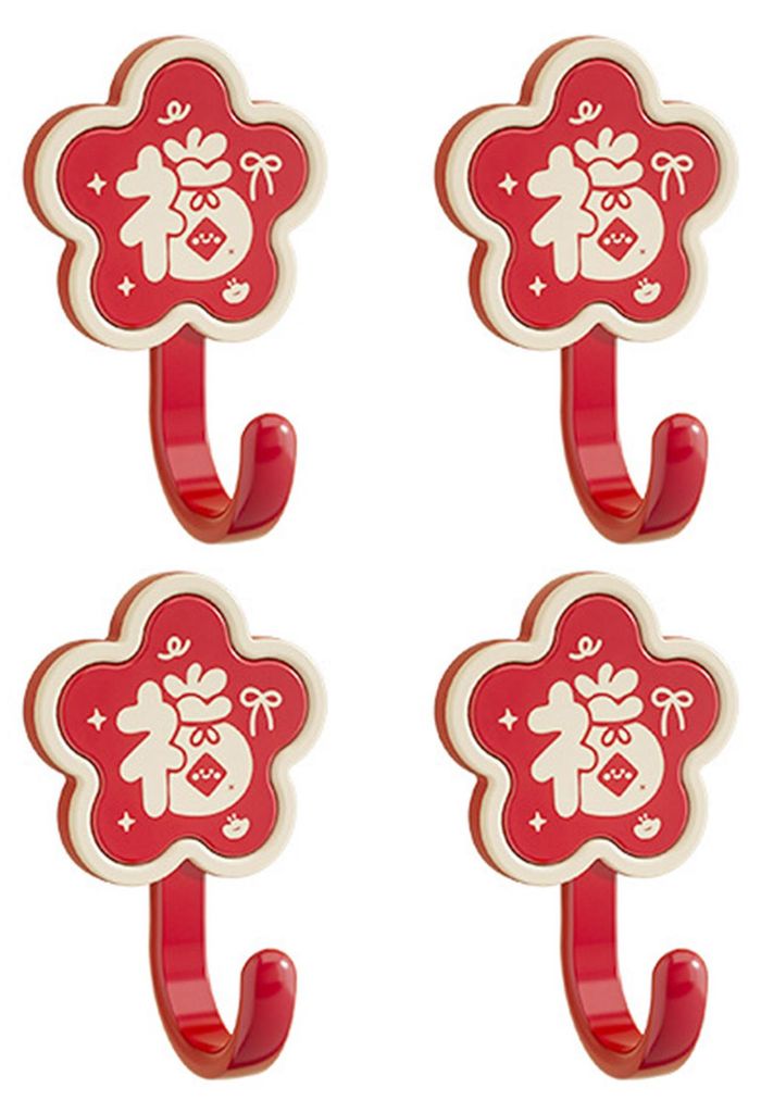 4 Stück rote Blumen-Klebehaken, Glücksbringer für Badezimmer, Wandhaken im chinesischen Stil für Mäntel, Hüte, Schlüssel, Organisation von K...