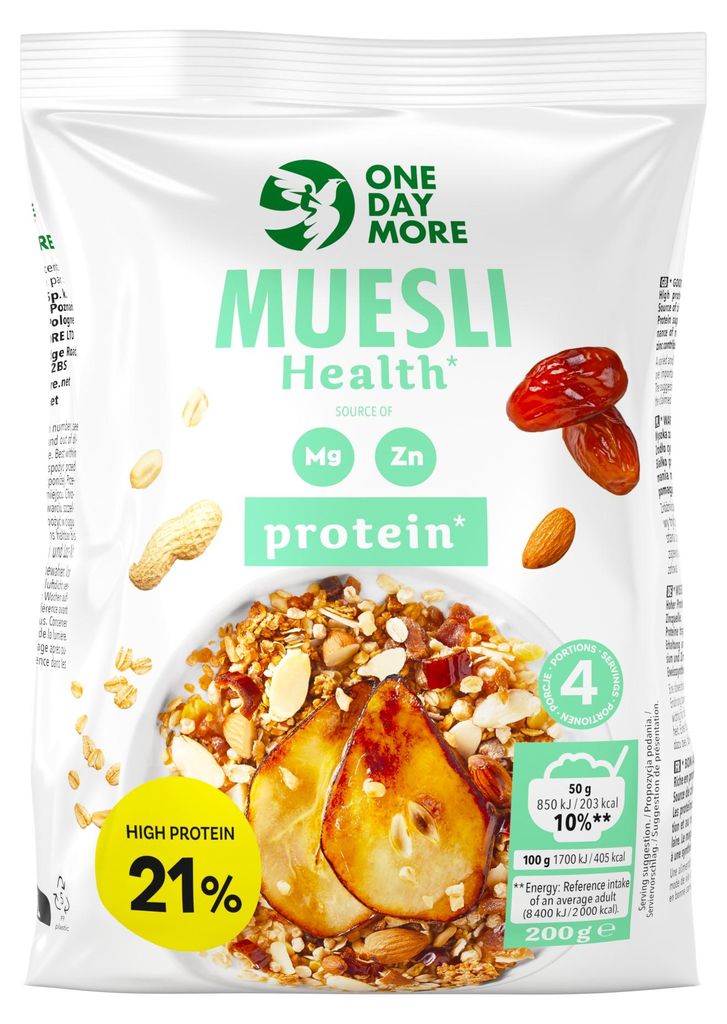 OneDayMore | Müsli Health Protein | Proteinreich mit Erdnüssen Erbsencrisps und Birne 200 g