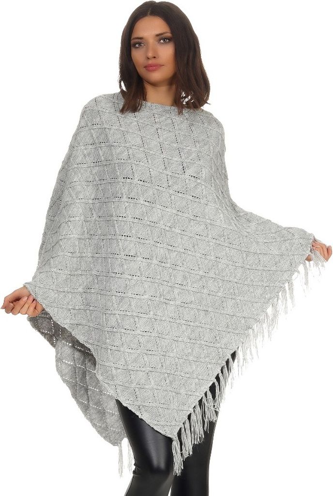 Mississhop Damen Poncho mit Kaschmir und Wolle Hochwertiges Cape XXL Umhängetuch Strick Pullover mit Quasten 3014 Grau