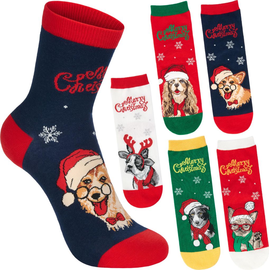 BRUBAKER 5 Paar Hunde Weihnachtssocken für Damen und Herren - Lustige Socken Weihnachten - Bunte Kuschelsocken Geschenk, Größe 30-35