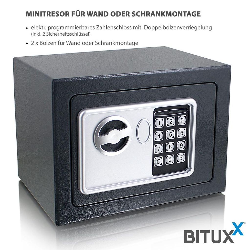 BITUXX Minitresor MS-11387 – Elektronischer Wandtresor Mit Zahlenschloss, Grau, 23x17x17 Cm, Inkl. Notfallschlüssel, Für Wertsachen