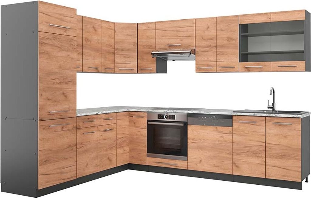 Eckküche Vicco Fame-Line Goldkraft Eiche/Anthrazit 287 x 60 cm , AP Marmor, Model 42184