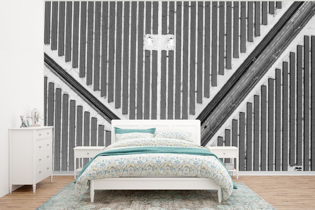 MuchoWow Fototapete für Wohnzimmer oder Schlafzimmer Wandtapete Vinyl Motivtapete Solarmodule von oben - schwarz und weiß - 295x220 cm - Wand T...