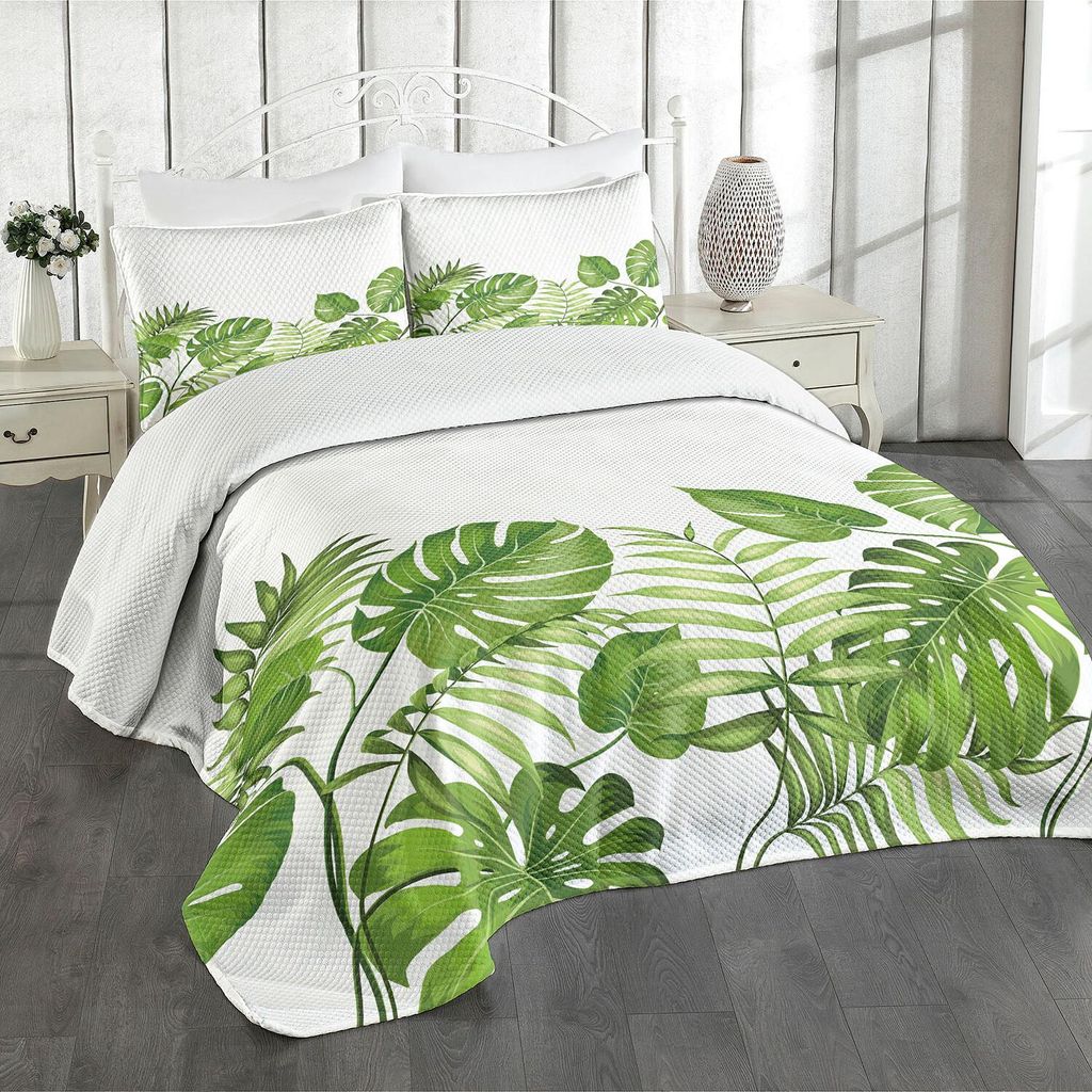 ABAKUHAUS Blatt Tagesdecke Set, Natur-Dschungel-Waldregenwald inspirierte Blätter-Pflanzenlaub-Strudel-botanisches Bild, 264 x 220 cm, Blasses Grün