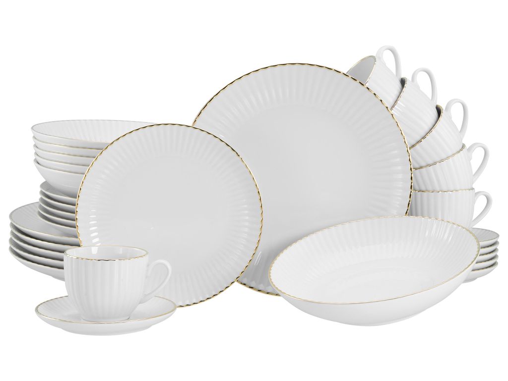 A white porcelain dinnerware set with gold trim, including plates, bowls, and cups, arranged on a white background.